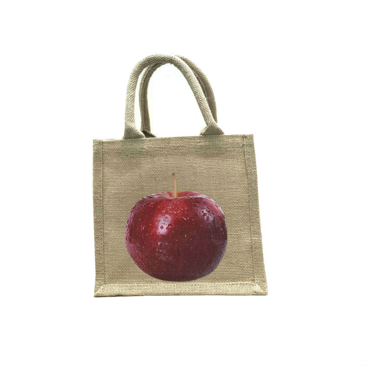 Jute lunch bag small hand printed Apple