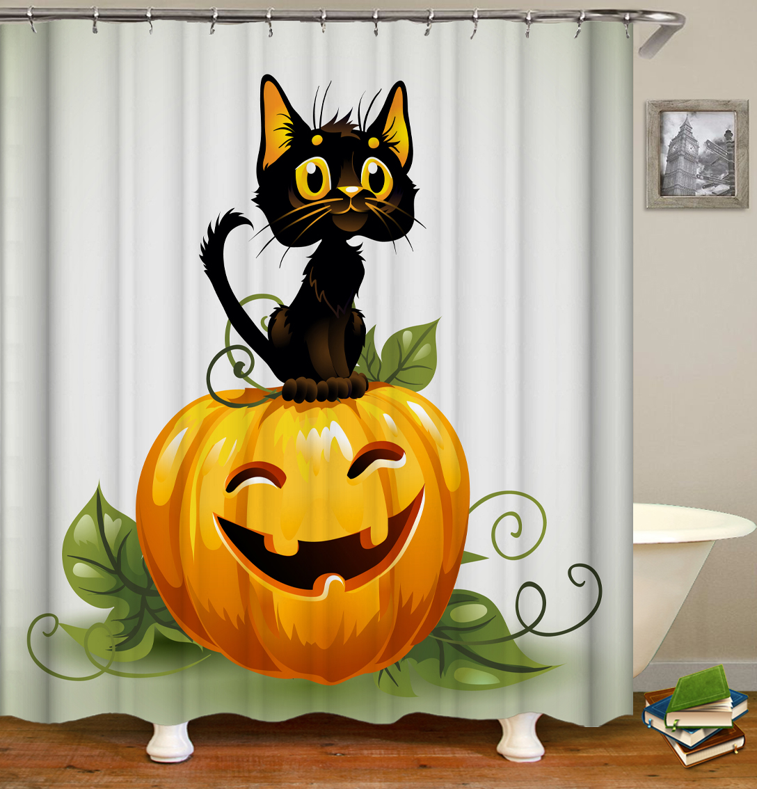 Black Cat Happy Pumpkin Halloween Shower Curtain