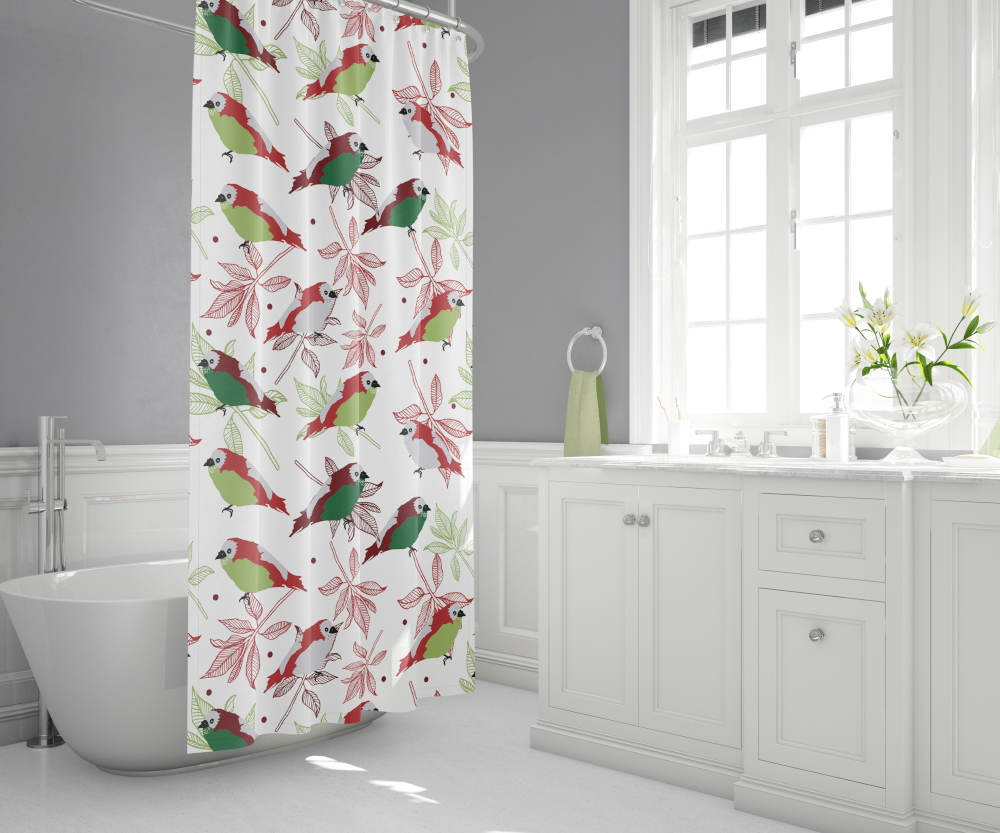 Festive Red and Green Bird Shower Curtain