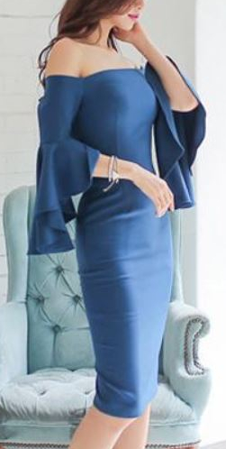 Royal Blue Off Shoulder Tight Midi Dress With Ruffles (Elegant)