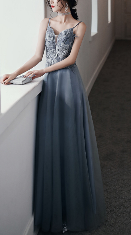 slim fit dress slacks Zapaka Women Glitter Grey Blue Prom Dress A-Line Spaghetti Straps Sequins Evening Dress, Grey Blue / US26W