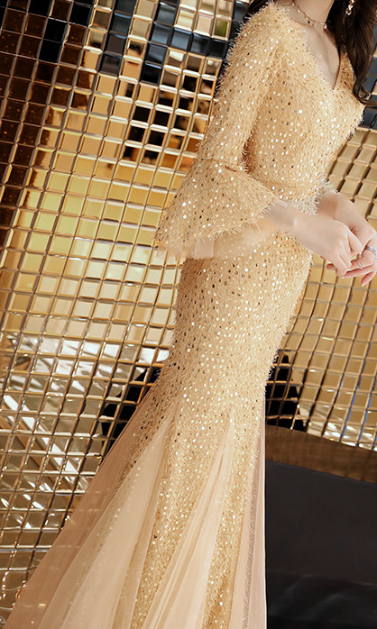 slim fit dress slacks Akhl Metallic Gold Fishtail Gown main image 1