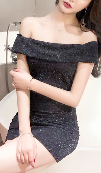 Black Glitter Off Shoulder Mini Dress Tight (Sexy)