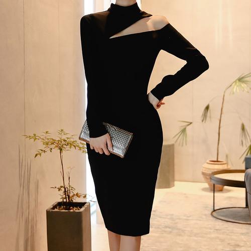 tight black midi dress TA3 Notchy Long Sleeve - Contour Black/Oat - L wedding guest or night out Chic Black Dress - Black