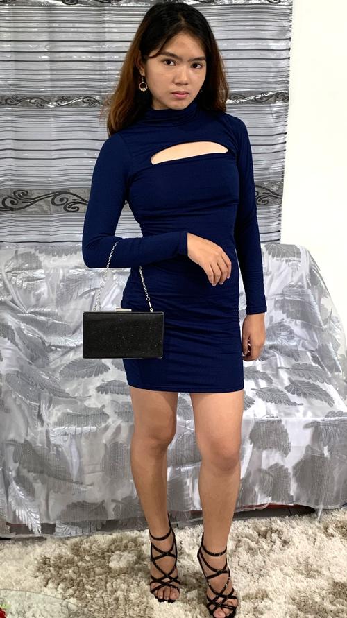 Dark Blue Turtleneck Tight Short Dress With Sleeves (Classy & Sexy)