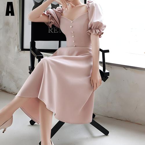 Light Pink Puffed Sleeves Midi Dress (Simple)