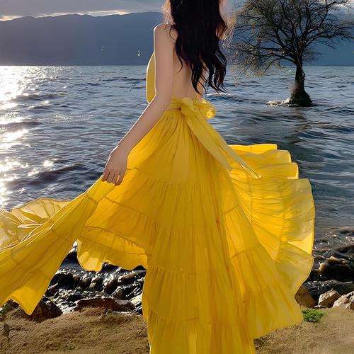 Yellow Backless Summer Maxi Dress (Simple & Elegant)