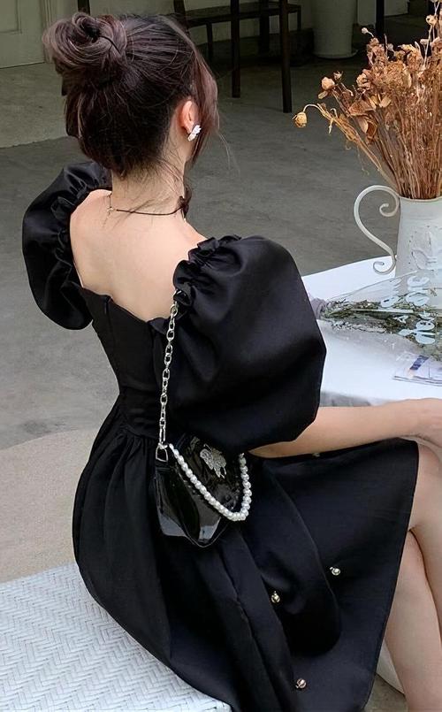 petite long sleeve black dress Black Lace Trim Milkmaid Corset Style Minidress