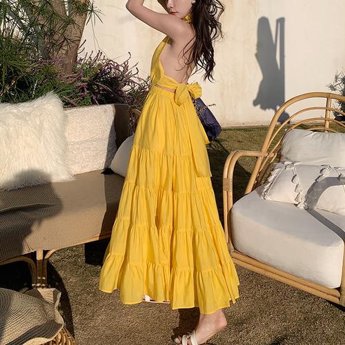 Yellow Backless Summer Maxi Dress (Simple & Elegant)