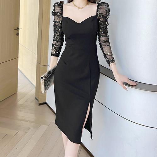 black midi dress with sheer sleeves Lace & Beads Bridesmaid Madison deep v-neck sheer bell sleeve tulle midi dress in black