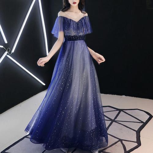Ruffle Off the Shoulder Royal Blue Long Formal Dress with Slit,Charming Evening Dress  Y1569 main image 1
