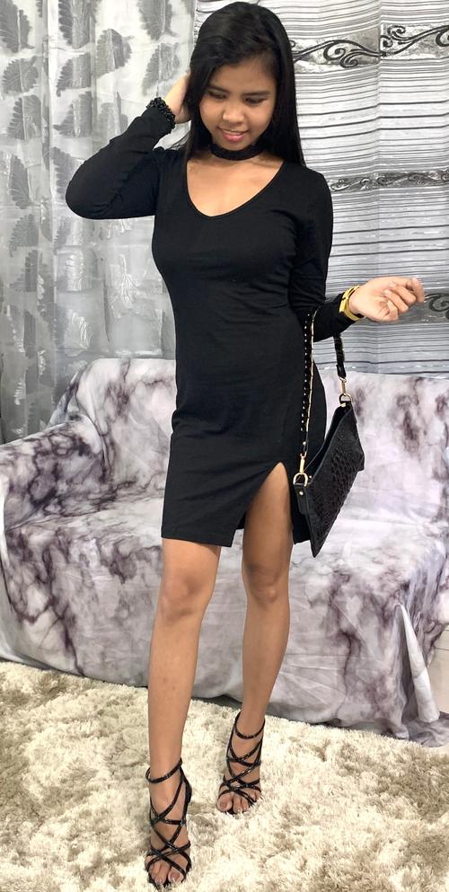 Black Simple Tight Short Dress With Sleeves (Sexy)