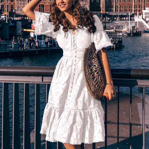 knee length dresses for ladies Boho High Waist Lace Cover Up Maxi Dress White / One Size