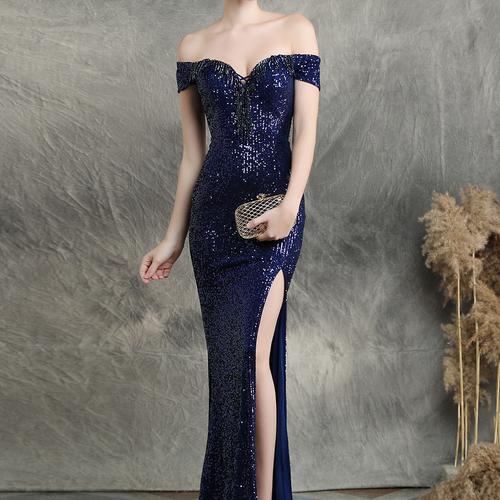Sparkle Dark Blue Off Shoulder Long Evening Dress (Stunning) Sparkle Dark Blue Off Shoulder Long Evening Dress (Stunning)