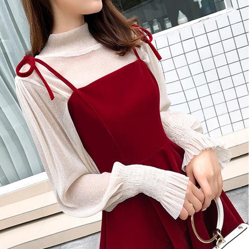 White Long Sleeve Top And Red Suspender Strap Mini Dress (Cute & Sexy)