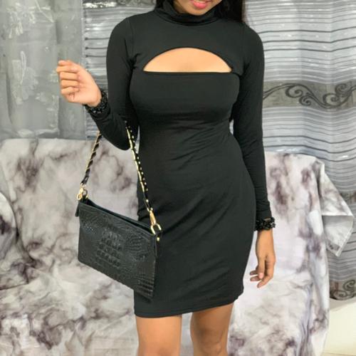 Black Turtleneck Tight Short Dress With Sleeves (Classy & Sexy)