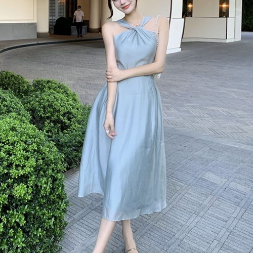 Blue Silk Halter Casual Summer Midi Dress