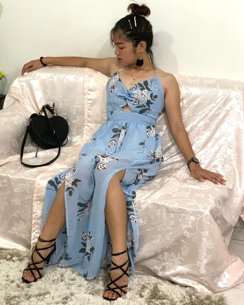 Sky Blue Floral Summer Dress With Double Slits (Stunning)