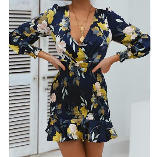 Dark Blue Floral Mini Summer Dress (Sexy)