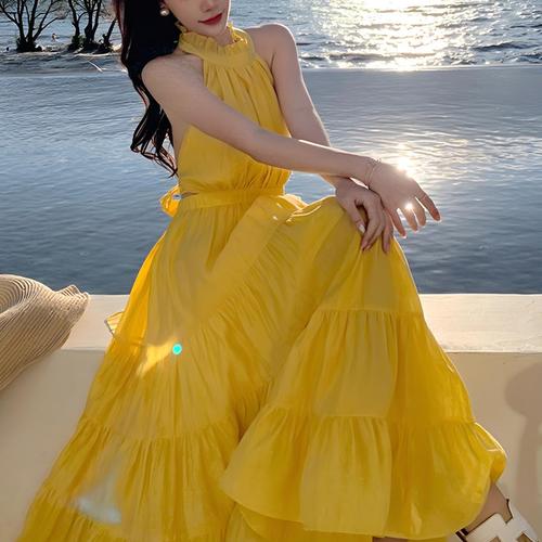 Yellow Backless Summer Maxi Dress (Simple & Elegant)