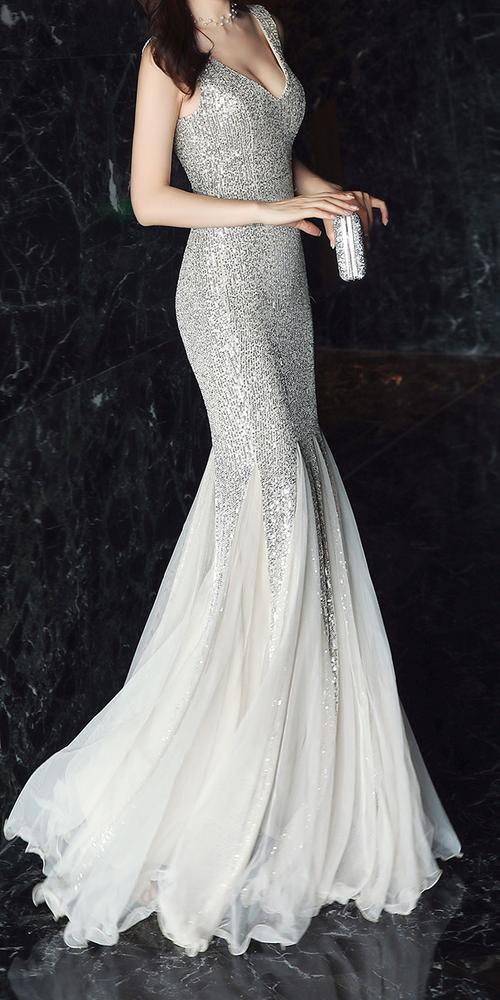 silver sequin fishtail dress luxury heavy sequin fishtail dress elegant