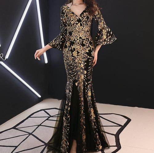 slim fit dress slacks Black - Gold Velvet Sequin Classic Sweetheart Princess Seam Show Choir Dress main image 1