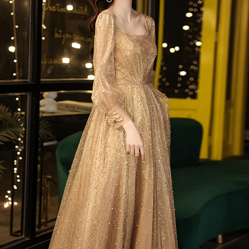 Gold Princess Scoop Neck Long Sleeve Full Length Evening Dress