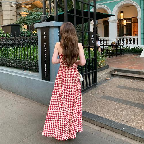 strapless open back dress 1950s Red Polka Dot Halter Swing Dress with Pockets