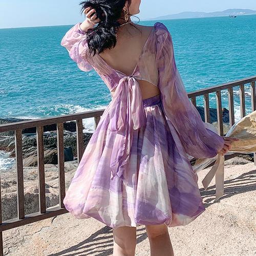 purple puffy mini dress Purple Puffy Long Sleeve Ruffles Bow Mini Dress