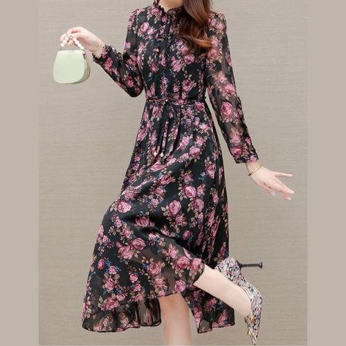Black Pink Elegant Floral Midi Dress (Semi-Formal)
