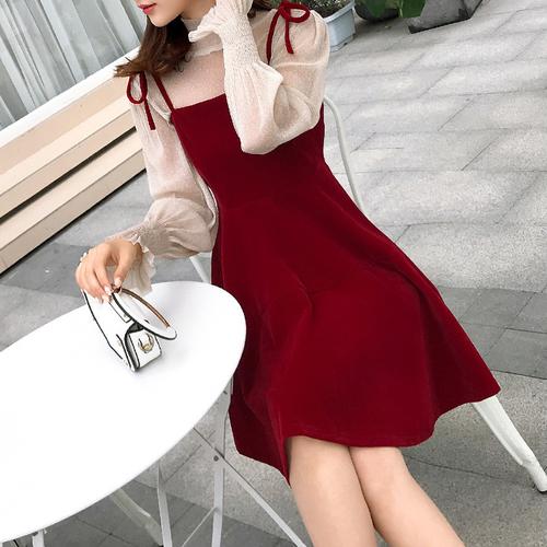 White Long Sleeve Top And Red Suspender Strap Mini Dress (Cute & Sexy)