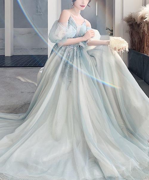 Pastel Blue Cold Shoulder Puff Sleeves Floral Formal Gown (Stunning)