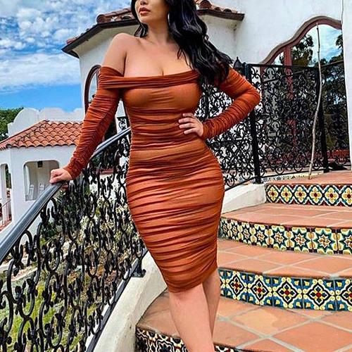 brown off shoulder midi dress Off Shoulder Tight Ribbed Dress – Dé Rococo main image 0