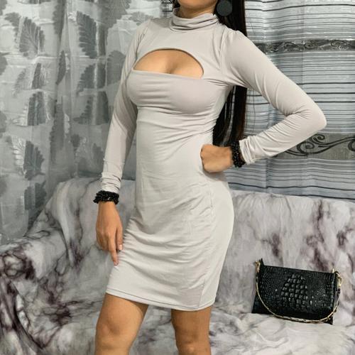 Light Gray Turtleneck Tight Short Dress With Sleeves (Classy & Sexy)