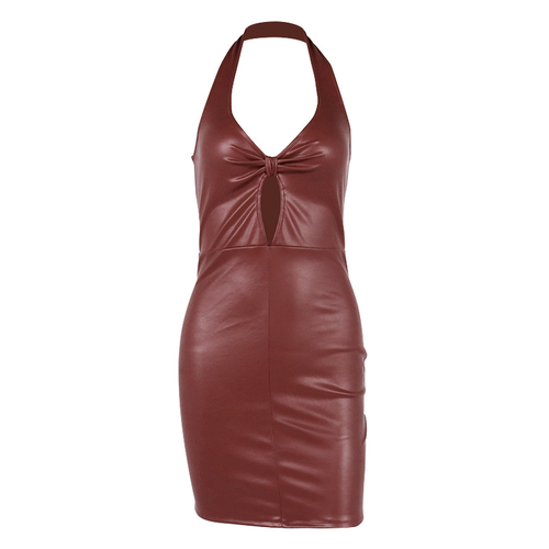Brown Leather Bodycon Mini Dress (Sexy)