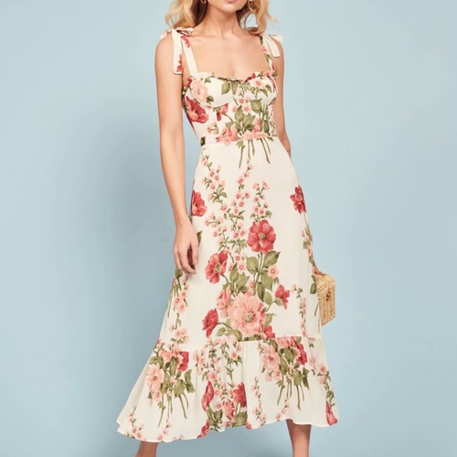 White Floral Ruffled Hem Summer Midi Dress