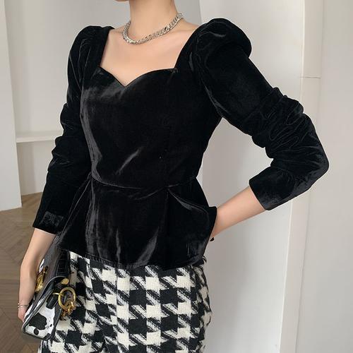 Vintage V-Neck Front Zipped Boned Long Puff Sleeve Top