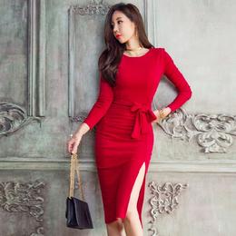Hot Red Bodycon Midi Dress With Sleeves