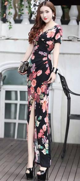 1310536 Black-Pink Floral Slit Maxi Dress