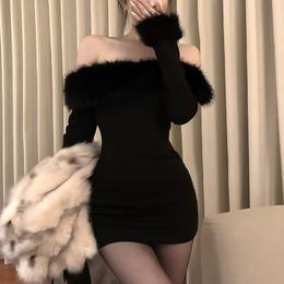 black long sleeve slip dress NILU Fur Mini Dress main image 1