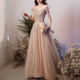 Beige Beading Embroidered Long Dress For Women