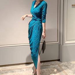 Half Sleeves Long Gown with Slit Blue