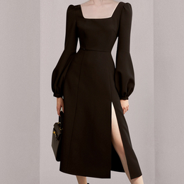 Classic fit black long sleeved square neck tight back to school dress