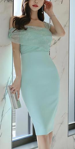 Pastel Blue Glitter Tight Fitted Midi Dress (Elegant)