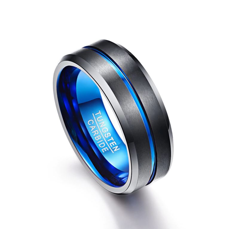 8MM Thin Blue Line Black Tungsten Carbide Ring