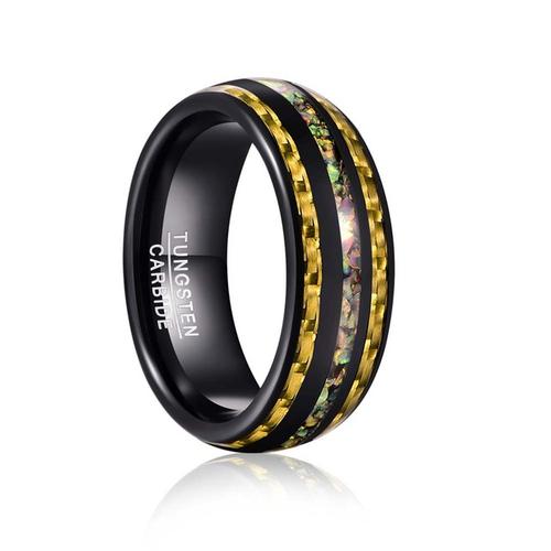8MM Polished Black Yellow Carbon Fiber and Opal Tungsten Ring